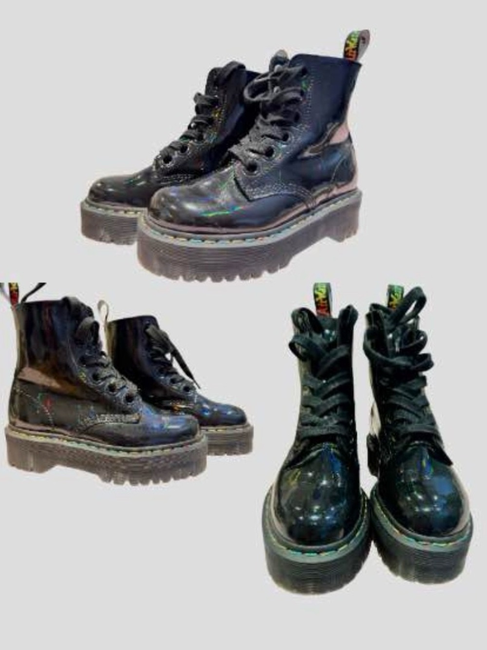 Dr. Martens Black Holographic Platform Lace-Up Boots with Rainbow Heel Loop